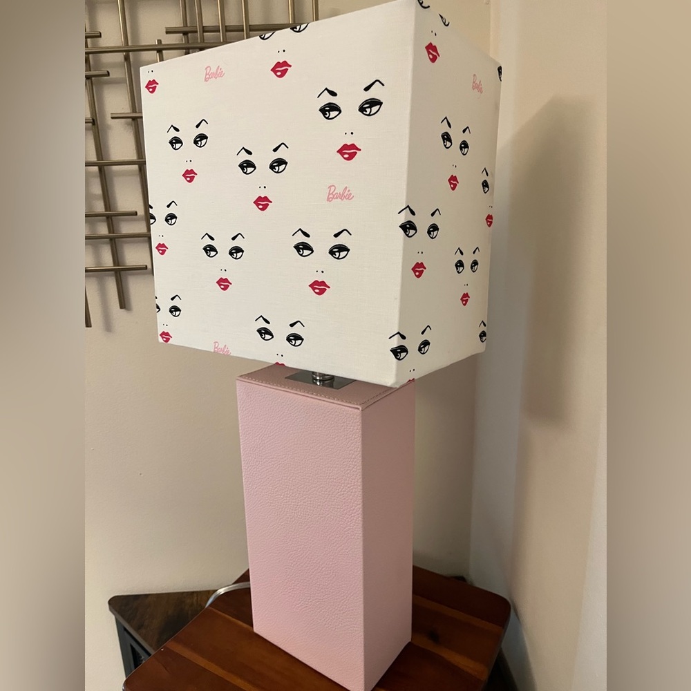 Barbie inspired table lamp with faux leather pink base. Hand crafted shade!